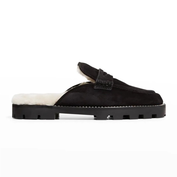 Jimmy Choo Ronnie Mules Slippers Loafers Black Shearling Suede Rhinestone Mules - Picture 2 of 5